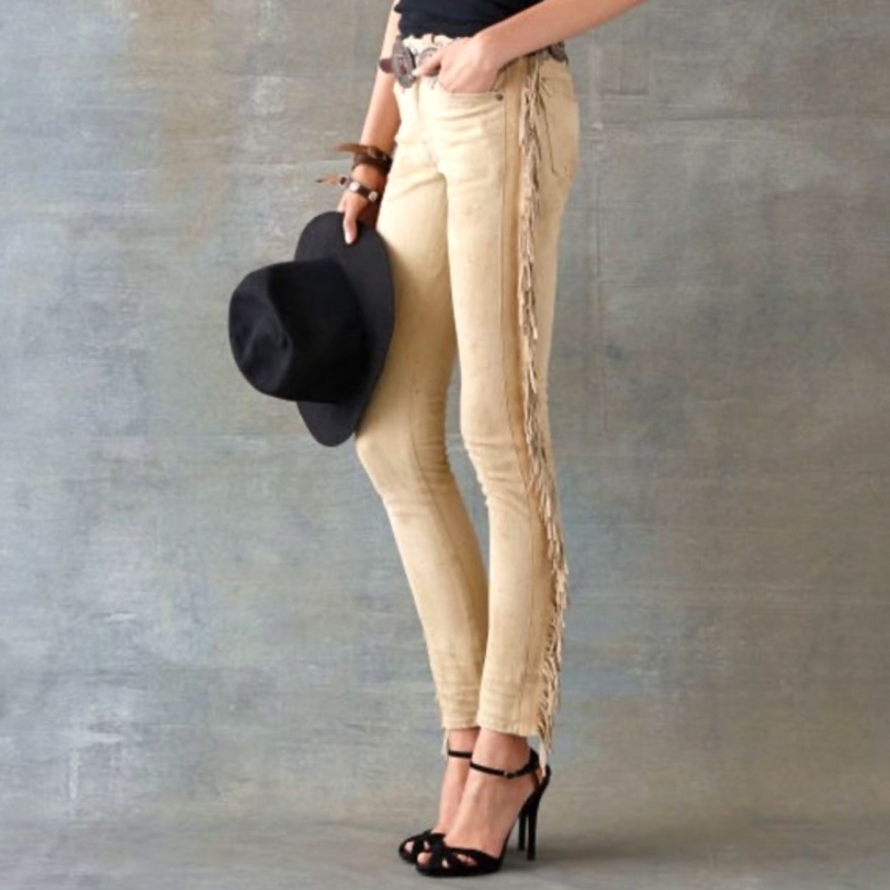 NWT Ralph Lauren Blue Label Tan Denim Concho and Leather Fringe Jean Size 27/28